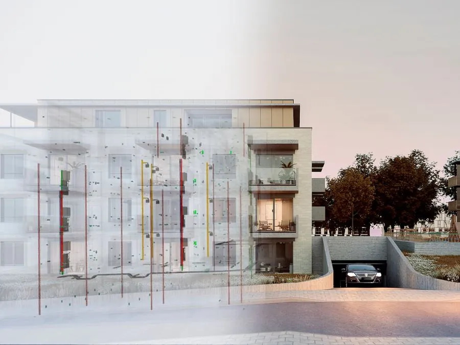 Modelo BIM integrado sobre render final del edificio
