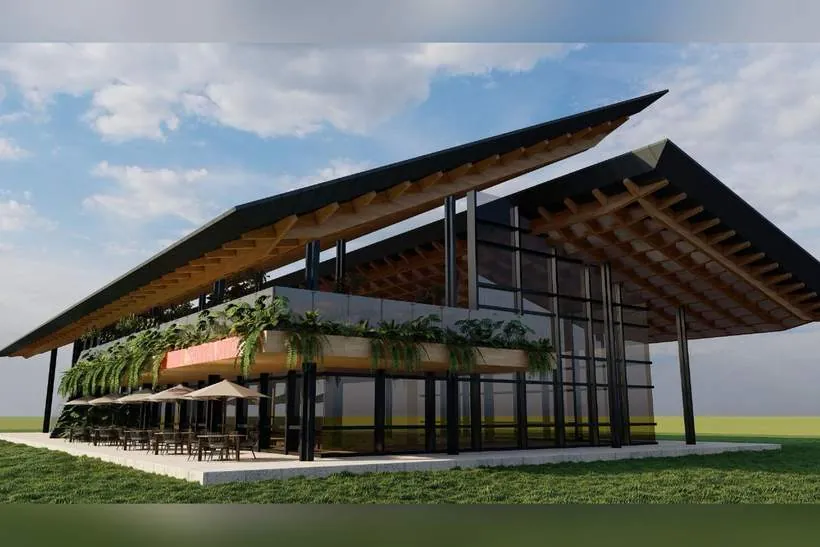 Render del diseño arquitectónico del Mall Santa Rita en Calarcá, Quindío, con cubiertas inclinadas en madera y fachadas en vidrio