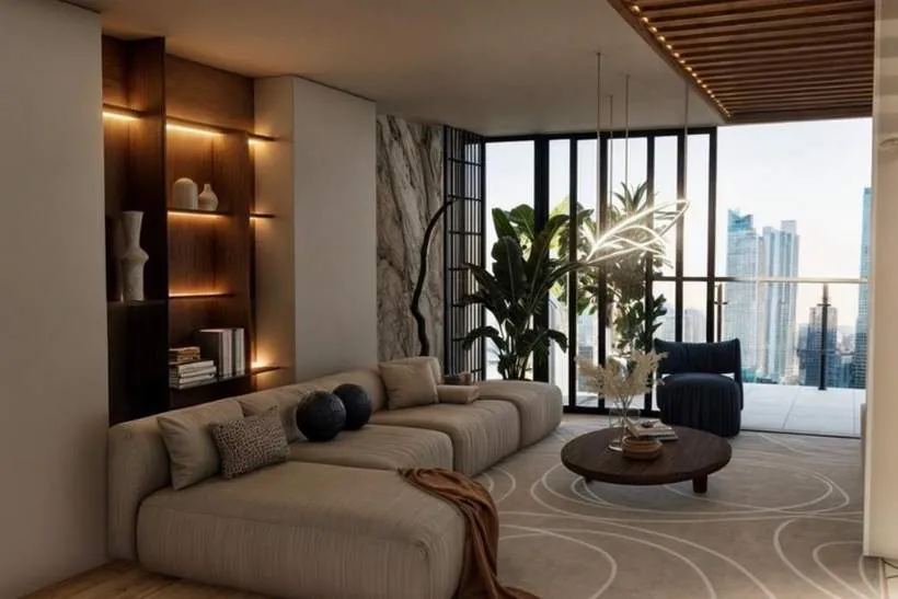Render del diseño interior de la sala de un apartamento en Trump Tower, Ciudad de Panamá, con panel de madera, mármol y vista a la ciudad