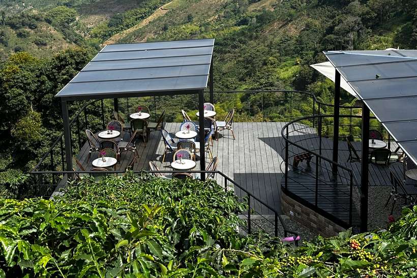 Terraza mirador en estructura metálica sobre el paisaje cafetero de Buenavista, Quindío