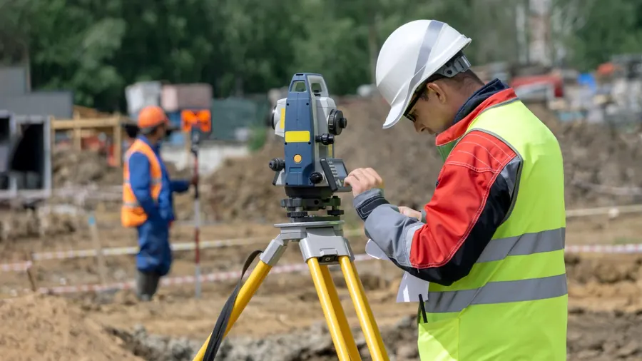 Topógrafo realizando un levantamiento con estación total en obra